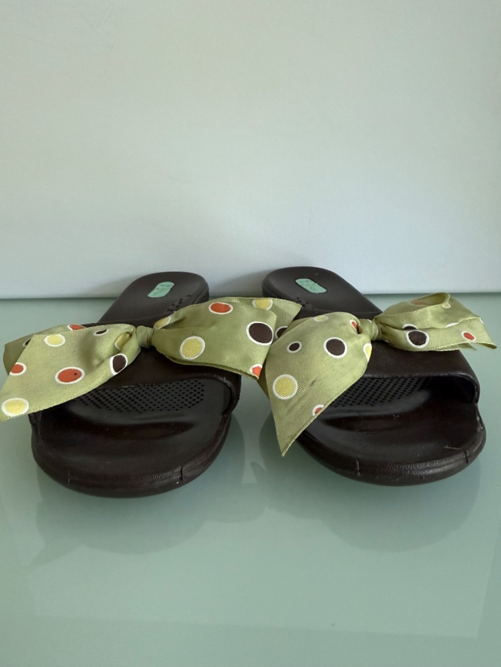 Okabashi Brown Slide Sandals Green Bow Polka Dot Open Toe Slip On Size M - Picture 3 of 14